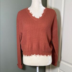 Moon & Madison Rust Distressed V-Neck Cropped Knit Sweater Size M Terracotta